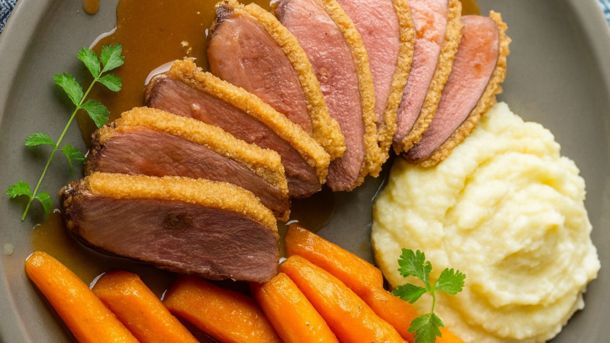 Magret de canard en croûte de caméline, purée de panais au gingembre, sauce miso-caméline