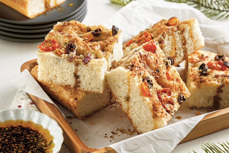 Focaccia maison à l'huile de caméline torréfiée et légumes grillés