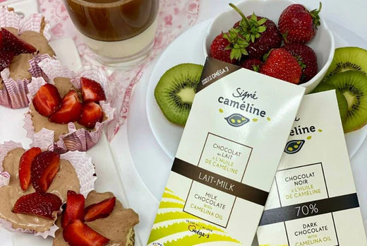 Tartelettes étagées en croûte de caméline, mousse au chocolat & gâteau au fromage
