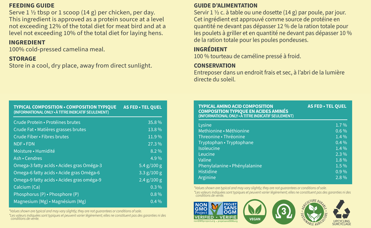 Supplément nutritionnel à base de tourteau de caméline oméga-3 pour poules pondeuses