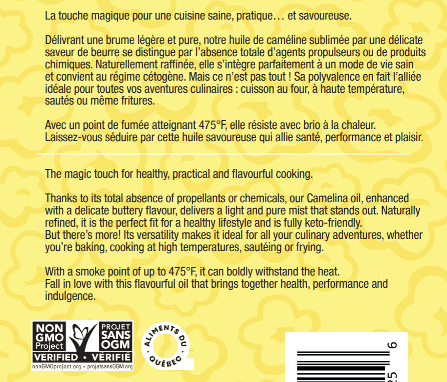 Huile de caméline au goût de beurre en vaporisateur Fit Cook