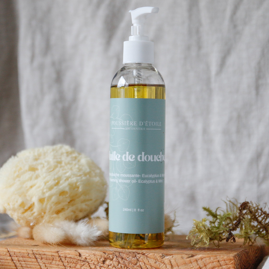 Huile de douche moussante fait d’huile de caméline - Eucalyptus et Menthe