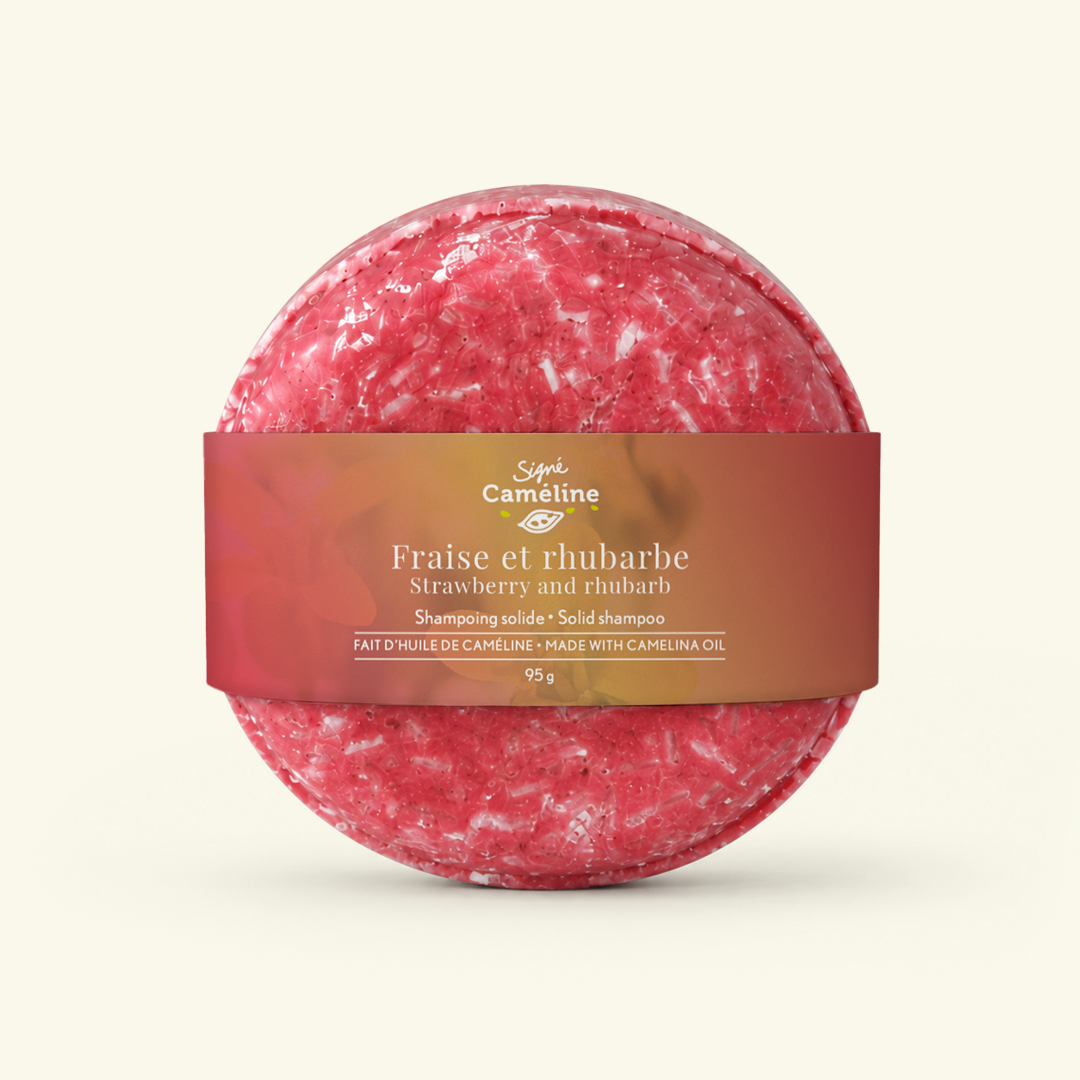 Shampoing solide fait d’huile de caméline - Fraise et rhubarbe