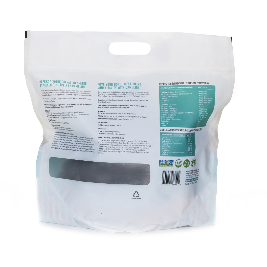 Supplément nutritionnel à base de tourteau de caméline oméga-3 pour chevaux